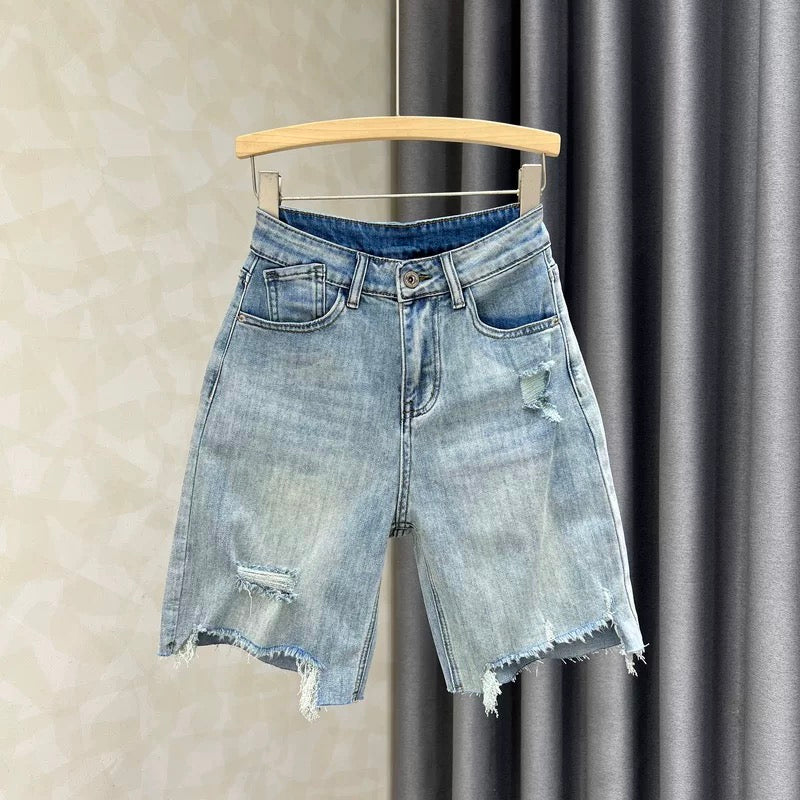 European goods worn out Hong Kong style retro hot girl high street loose straight jeans women's raw edge thin slim wide leg hot pants