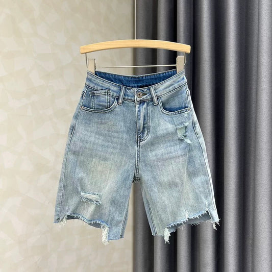 European goods worn out Hong Kong style retro hot girl high street loose straight jeans women's raw edge thin slim wide leg hot pants