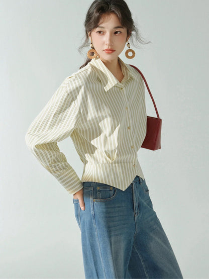 Sleepy Rabbit striped lapel slit shirt women's autumn casual slim temperament commuting loose layered long-sleeved top