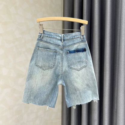 European goods worn out Hong Kong style retro hot girl high street loose straight jeans women's raw edge thin slim wide leg hot pants