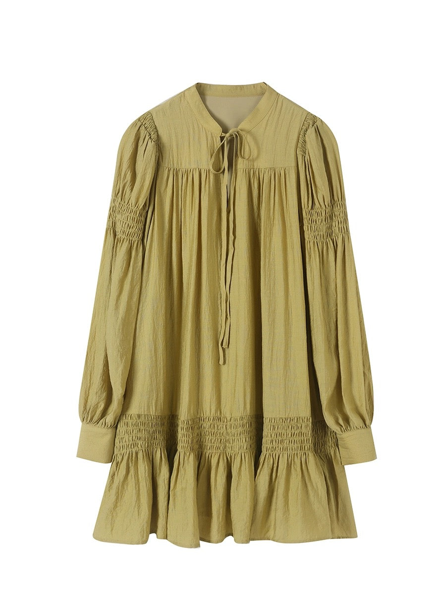 Ren Xiaoyi 2024 spring new white short skirt pleated large swing lace-up dress V-neck loose baby doll skirt