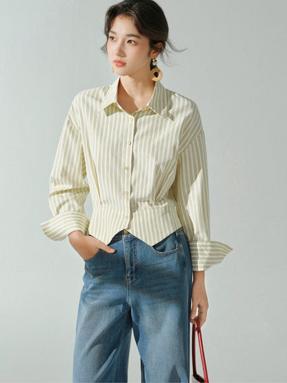 Sleepy Rabbit striped lapel slit shirt women's autumn casual slim temperament commuting loose layered long-sleeved top