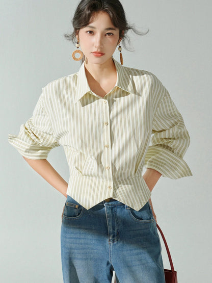 Sleepy Rabbit striped lapel slit shirt women's autumn casual slim temperament commuting loose layered long-sleeved top