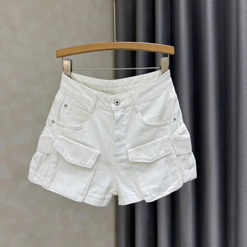 New summer high waist slim denim shorts for women white design loose versatile casual wide leg overalls