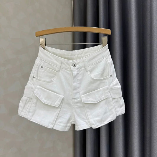 New summer high waist slim denim shorts for women white design loose versatile casual wide leg overalls