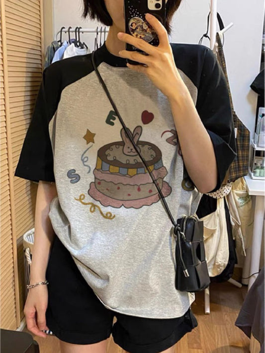 Design niche raglan short-sleeved right shoulder T-shirt for women 2024 summer pure cotton versatile small Korean style ins top