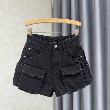 New summer high waist slim denim shorts for women white design loose versatile casual wide leg overalls