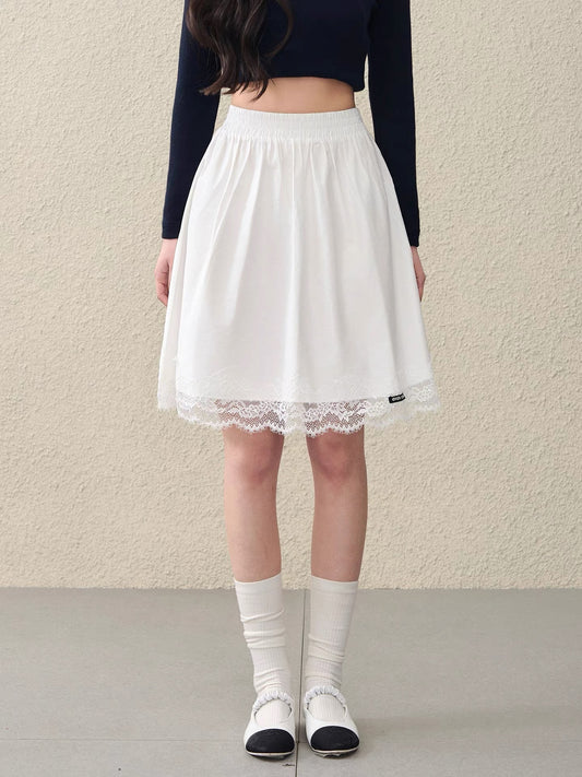 OIOI ESSE｜Early Spring Lace-Trimmed Midi Skirt for Women - Stylish and Elegant