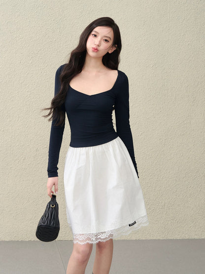OIOI ESSE｜Early Spring Lace-Trimmed Midi Skirt for Women - Stylish and Elegant