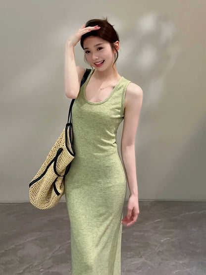 Songsong Summer New Retro Slim-fit U-neck Slimming and Cool Long Sleeveless Vest Dress DT2015