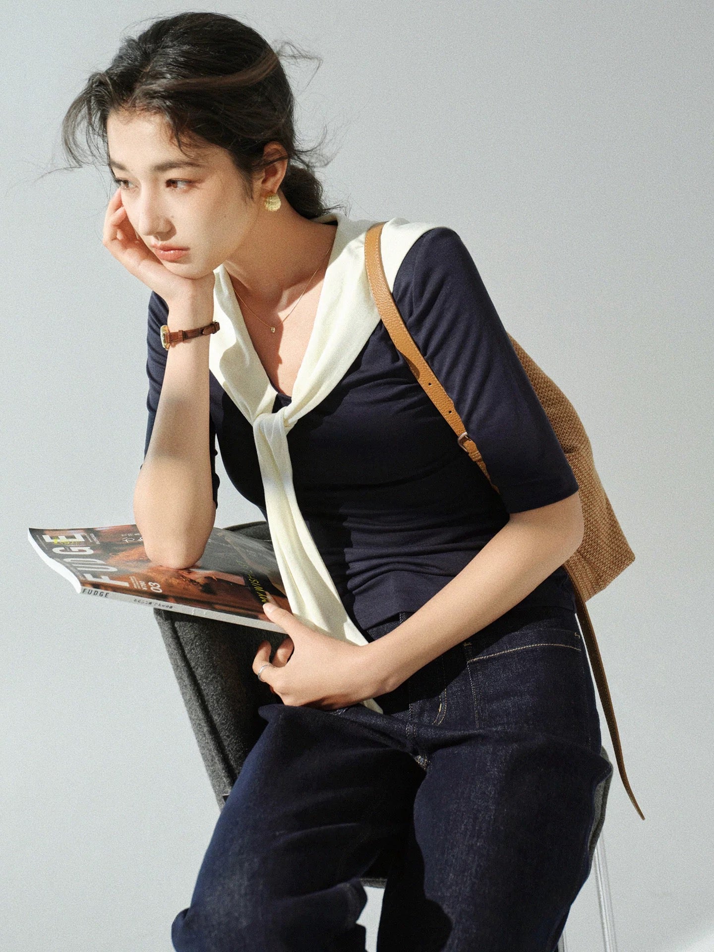 Sleepy Rabbit Lyocell contrast color shawl fake two-piece T-shirt women's autumn elastic slim fit layered T-shirt top