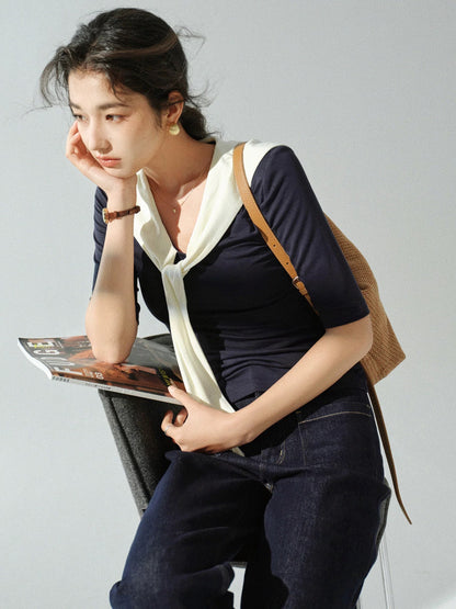 Sleepy Rabbit Lyocell contrast color shawl fake two-piece T-shirt women's autumn elastic slim fit layered T-shirt top