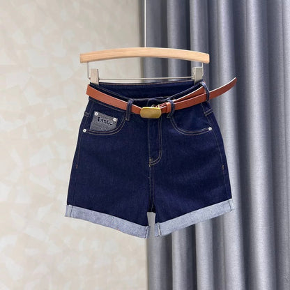 Washed blue denim shorts for women, new summer styles, loose, slim, versatile, fashionable, high waist, curled hem, A-line wide-leg hot pants