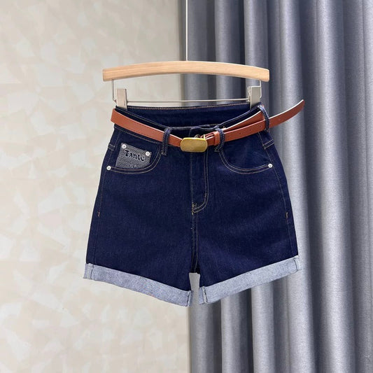 Washed blue denim shorts for women, new summer styles, loose, slim, versatile, fashionable, high waist, curled hem, A-line wide-leg hot pants