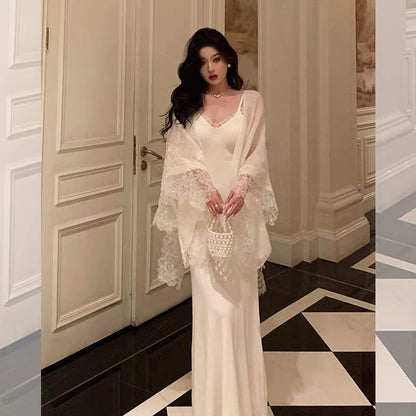 Godfrey new Chinese style suspender dress suit for women autumn gentle lace splicing long skirt and shawl two-piece set