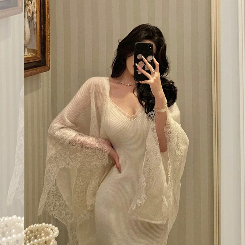 Godfrey new Chinese style suspender dress suit for women autumn gentle lace splicing long skirt and shawl two-piece set