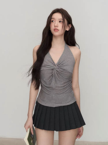 OIOI ESSE / "The Color of the Evening Breeze" Tencel Wool V-neck Button-knot Halter Vest for Women, Sexy and Slim Fit