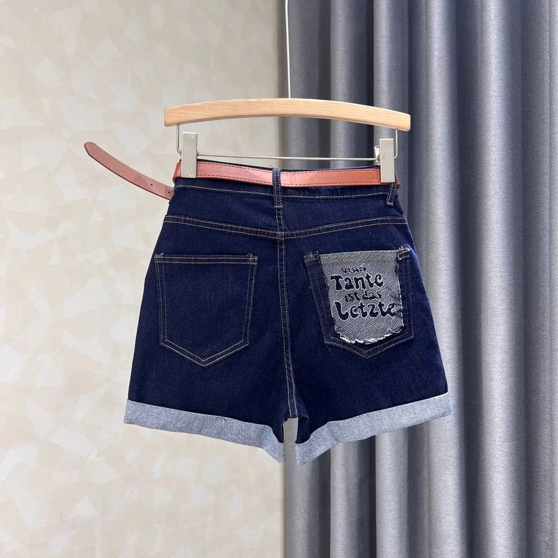 Washed blue denim shorts for women, new summer styles, loose, slim, versatile, fashionable, high waist, curled hem, A-line wide-leg hot pants