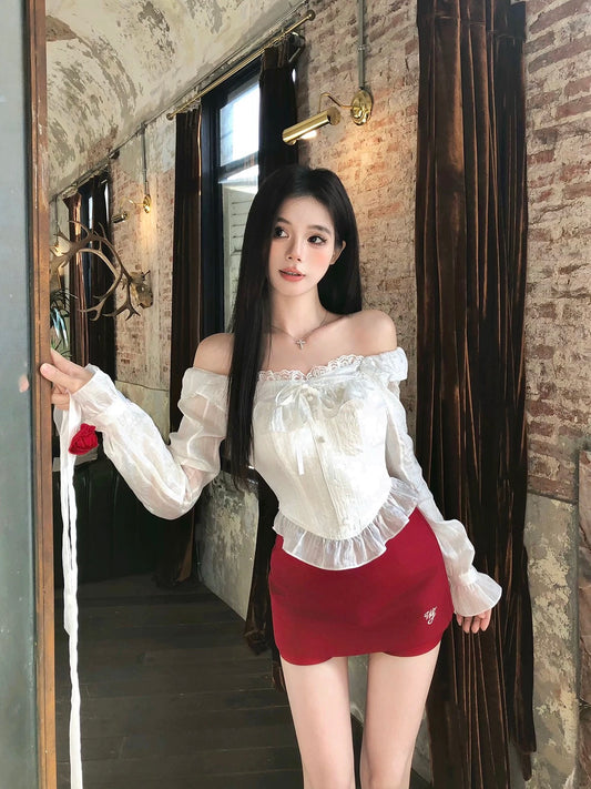WAHJU Hot Red Rose Temperament Fashion Short Lace Shirt Women's Spring New Off-shoulder Sexy Top