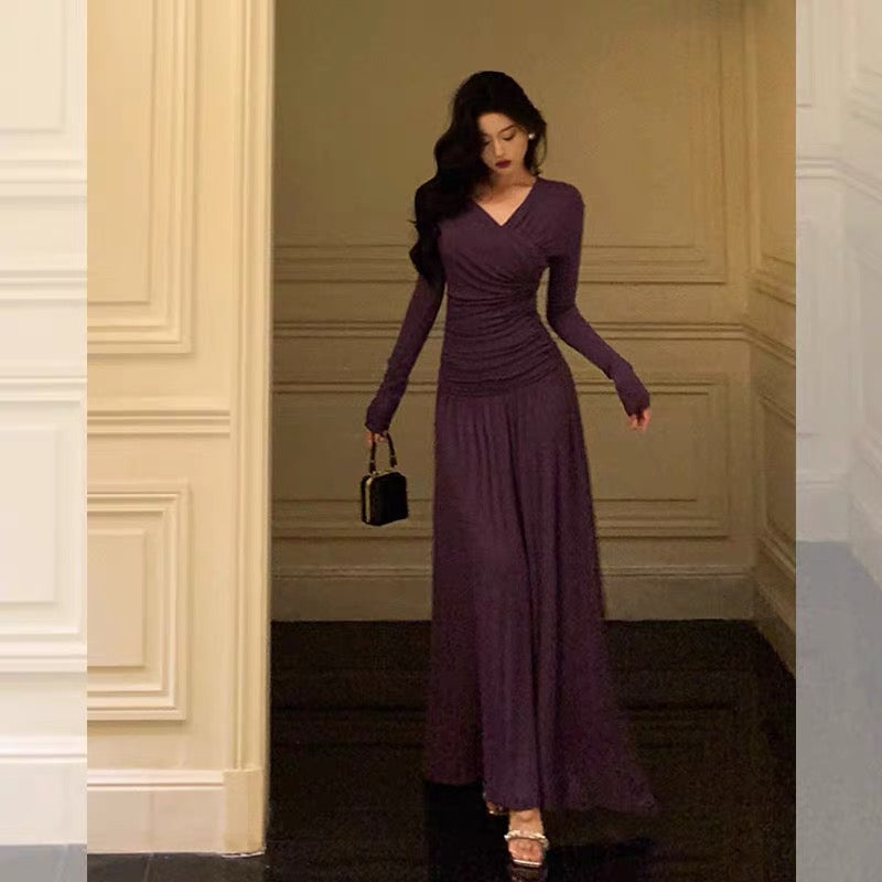 Godfrey Ballet Style Purple Dress Women's Autumn French Niche Long Sleeve Pleated V-neck Waist Dress