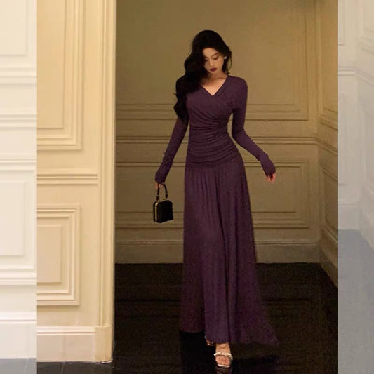 Godfrey Ballet Style Purple Dress Women's Autumn French Niche Long Sleeve Pleated V-neck Waist Dress