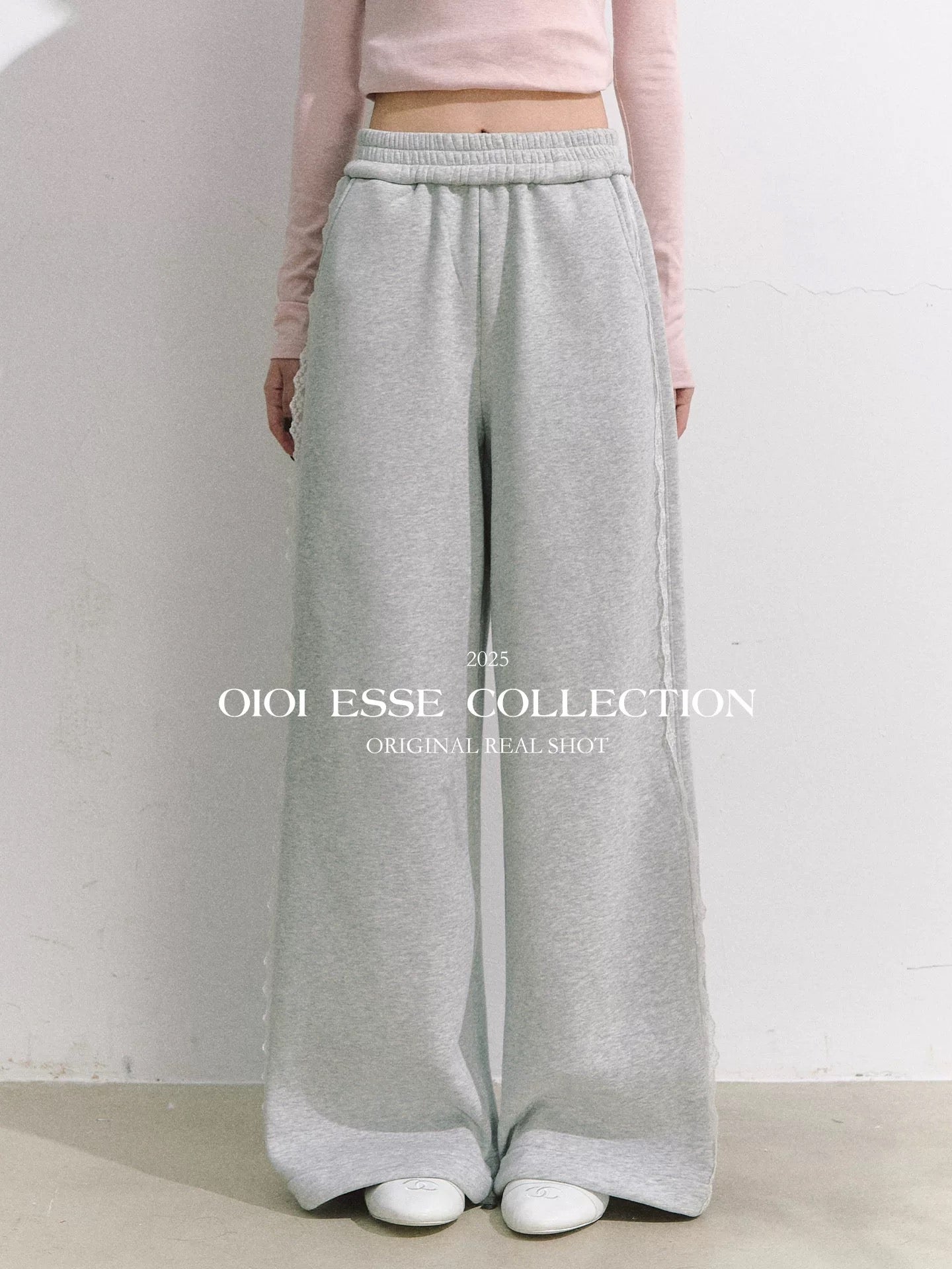 OIOI ESSE｜25AW Grey Elastic Waist Lace-Trimmed Sweatpants Straight Leg Casual Pants for Women