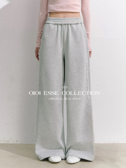 OIOI ESSE｜25AW Grey Elastic Waist Lace-Trimmed Sweatpants Straight Leg Casual Pants for Women