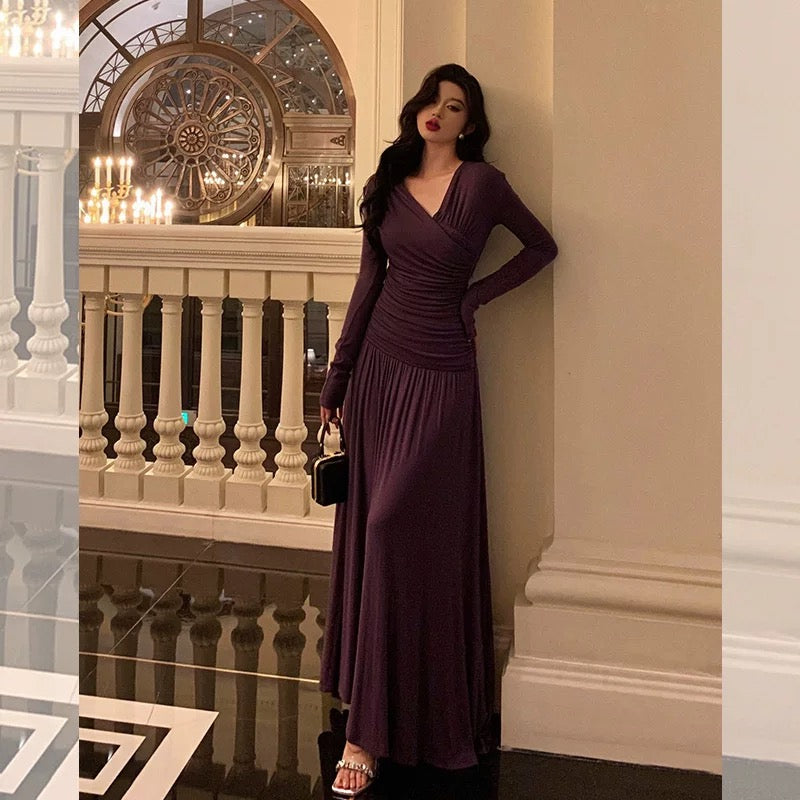Godfrey Ballet Style Purple Dress Women's Autumn French Niche Long Sleeve Pleated V-neck Waist Dress