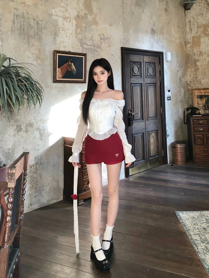 WAHJU Hot Red Rose Temperament Fashion Short Lace Shirt Women's Spring New Off-shoulder Sexy Top