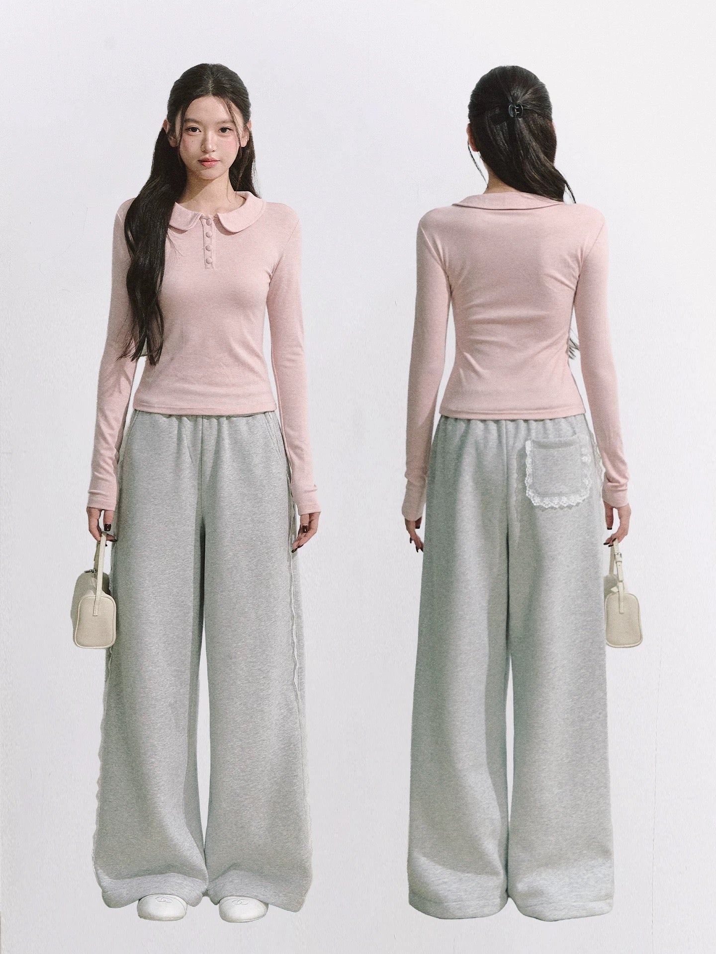 OIOI ESSE｜25AW Grey Elastic Waist Lace-Trimmed Sweatpants Straight Leg Casual Pants for Women