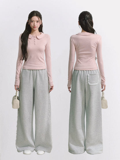 OIOI ESSE｜25AW Grey Elastic Waist Lace-Trimmed Sweatpants Straight Leg Casual Pants for Women