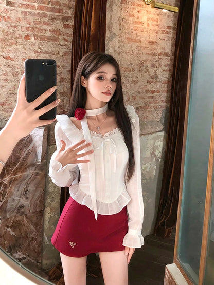 WAHJU Hot Red Rose Temperament Fashion Short Lace Shirt Women's Spring New Off-shoulder Sexy Top