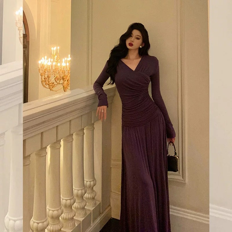 Godfrey Ballet Style Purple Dress Women's Autumn French Niche Long Sleeve Pleated V-neck Waist Dress