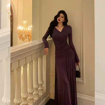 Godfrey Ballet Style Purple Dress Women's Autumn French Niche Long Sleeve Pleated V-neck Waist Dress