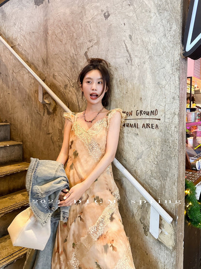DIGM early spring sling seaside vacation style floral long waist slimming lace long skirt dress for women