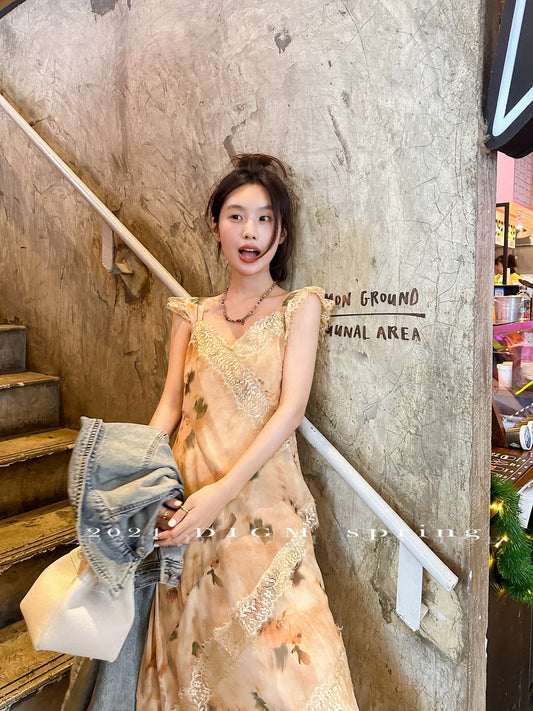 DIGM early spring sling seaside vacation style floral long waist slimming lace long skirt dress for women