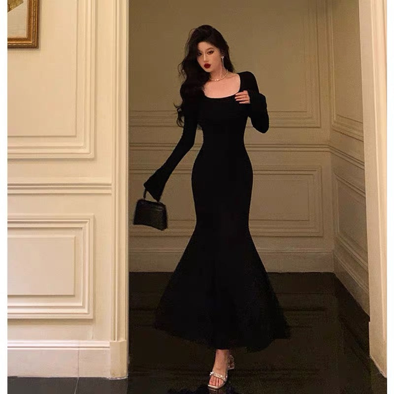Godfrey black long-sleeved knitted dress for women early autumn French style square neck slim hip-hugging fishtail long skirt