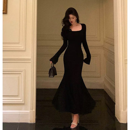 Godfrey black long-sleeved knitted dress for women early autumn French style square neck slim hip-hugging fishtail long skirt