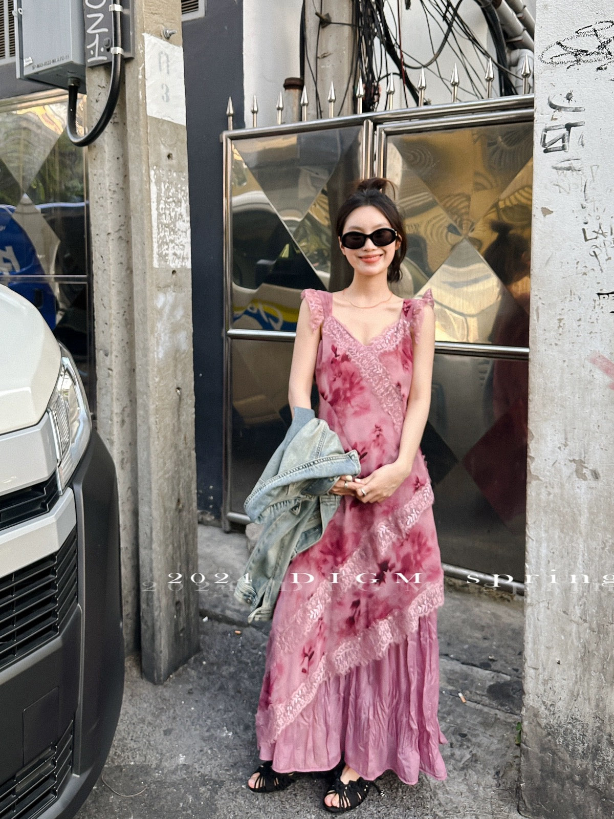 DIGM early spring sling seaside vacation style floral long waist slimming lace long skirt dress for women