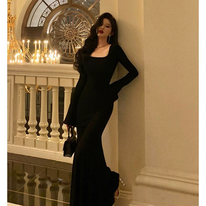 Godfrey black long-sleeved knitted dress for women early autumn French style square neck slim hip-hugging fishtail long skirt