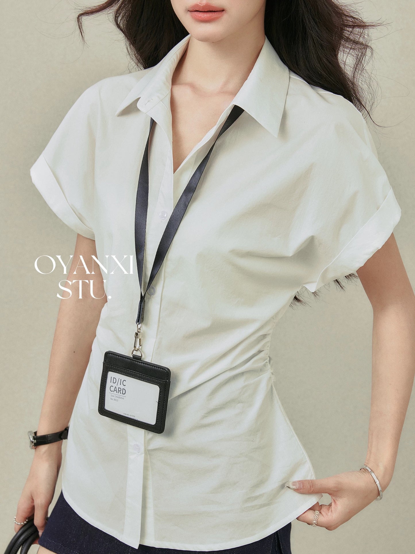 Ouyang Xi "Moonlight Handwriting" White Short Sleeve POLO Collar Shirt Women's Summer Waist Slimming Shirt Cardigan