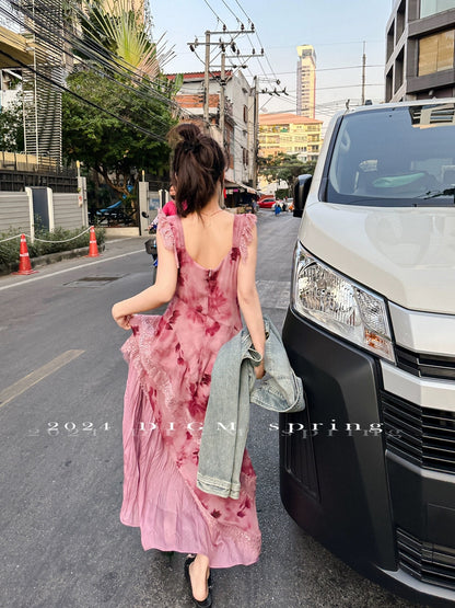 DIGM early spring sling seaside vacation style floral long waist slimming lace long skirt dress for women