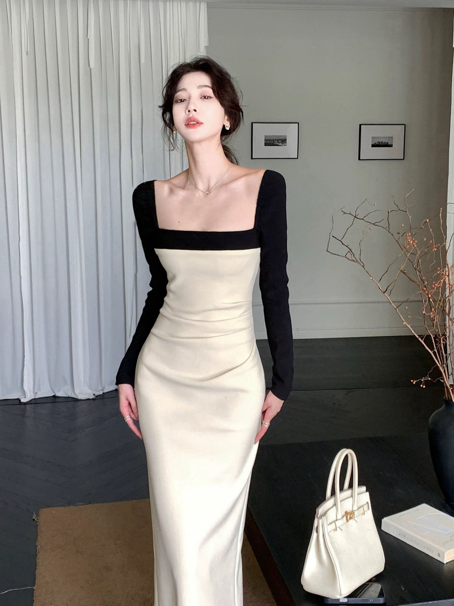 Nu Arno French-style autumn/winter patchwork square neck knit dress, long sleeves, elegant, slim fit, and sexy evening gown.