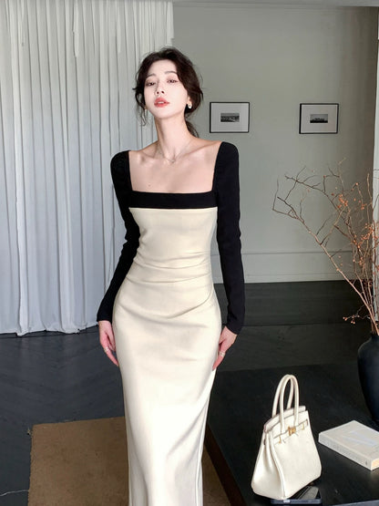 Nu Arno French-style autumn/winter patchwork square neck knit dress, long sleeves, elegant, slim fit, and sexy evening gown.