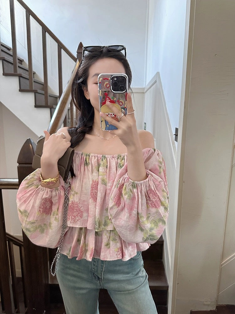 Jin Suyi Pink Flower One-shoulder Waist Shirt 2024 Summer Korean Style Retro Slimming Niche Top Trend