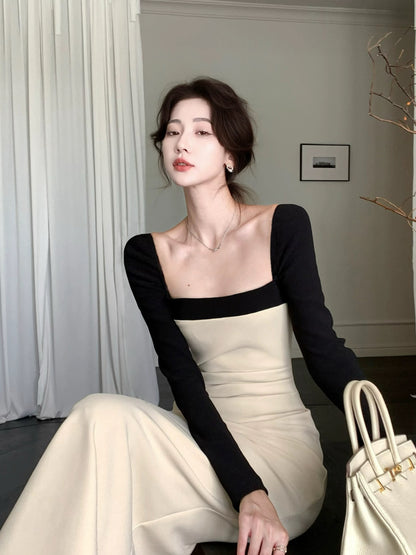Nu Arno French-style autumn/winter patchwork square neck knit dress, long sleeves, elegant, slim fit, and sexy evening gown.