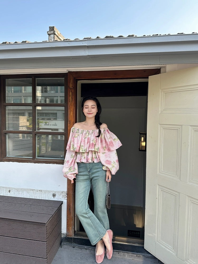 Jin Suyi Pink Flower One-shoulder Waist Shirt 2024 Summer Korean Style Retro Slimming Niche Top Trend