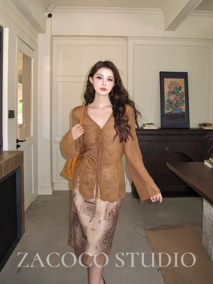 ZACOCO Women's Long-Sleeve V-Neck Shirt with Lace-Up Detail (2026 New Collection) – A Stylish, Slim-Fit Top with a Unique, Sophisticated Flair