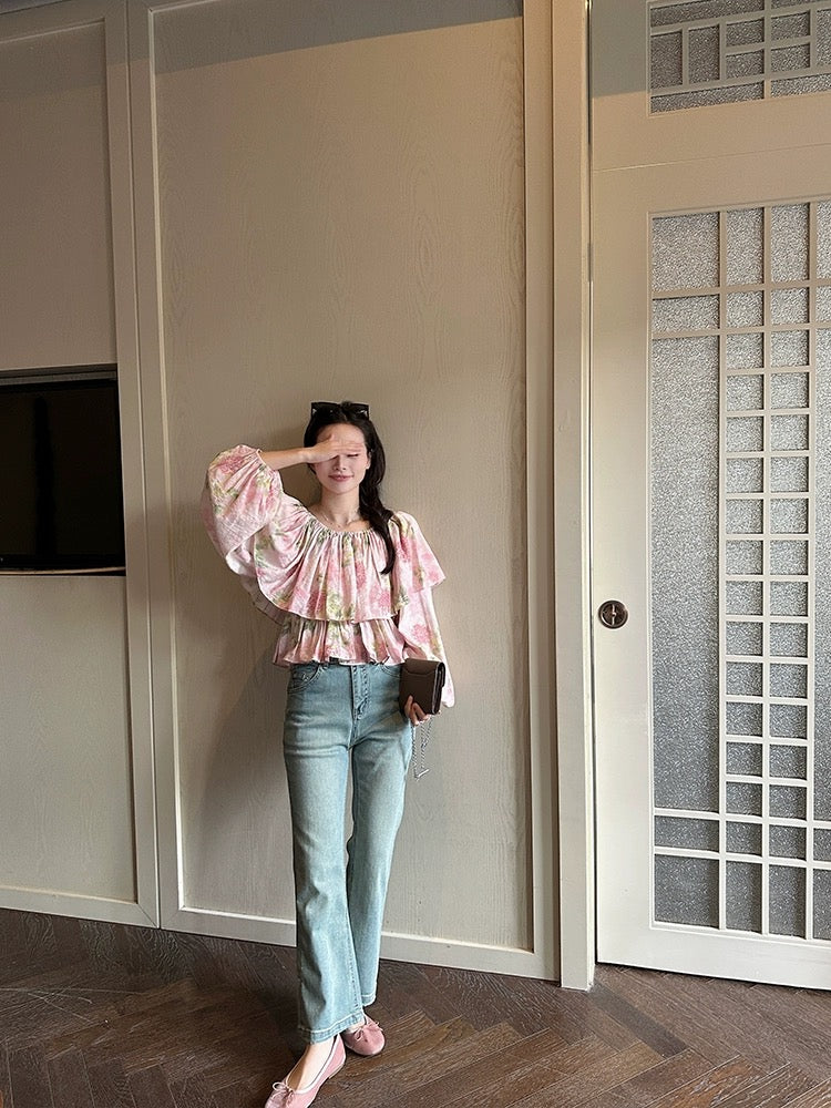 Jin Suyi Pink Flower One-shoulder Waist Shirt 2024 Summer Korean Style Retro Slimming Niche Top Trend