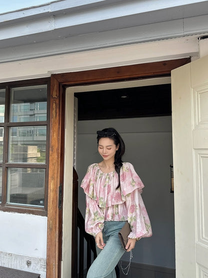 Jin Suyi Pink Flower One-shoulder Waist Shirt 2024 Summer Korean Style Retro Slimming Niche Top Trend